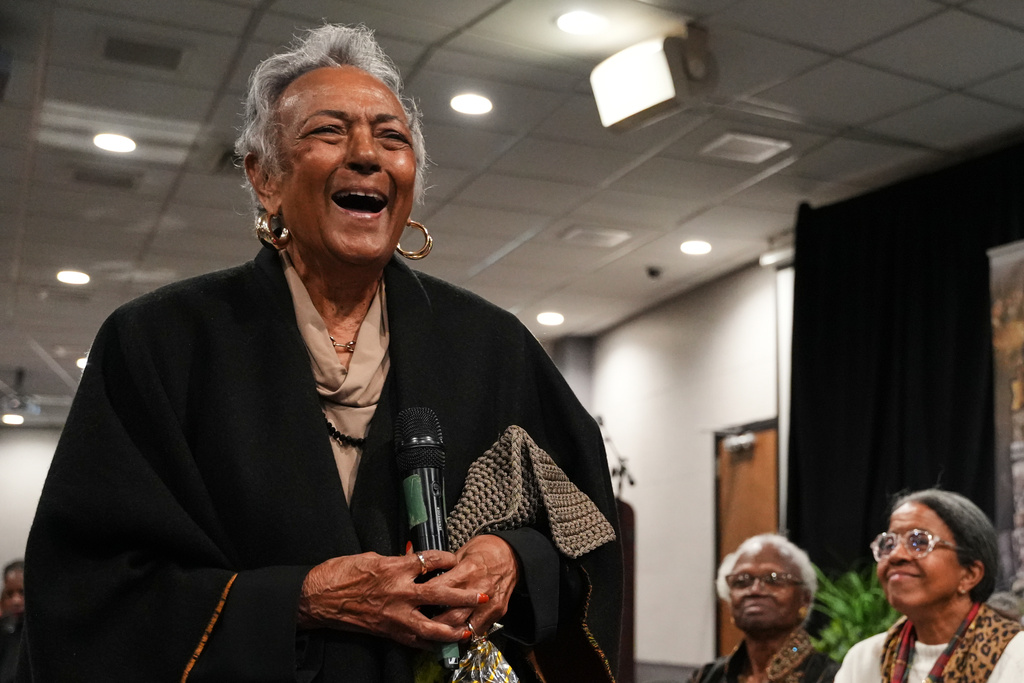 Rosalyn King laughs during a "family reunion" to commemorate the 70th anniversary of the Montgomery Bus Boycott, Friday, Dec. 5, 2025, in Montgomery, Ala. (AP Photo/Olivia Bowdoin)