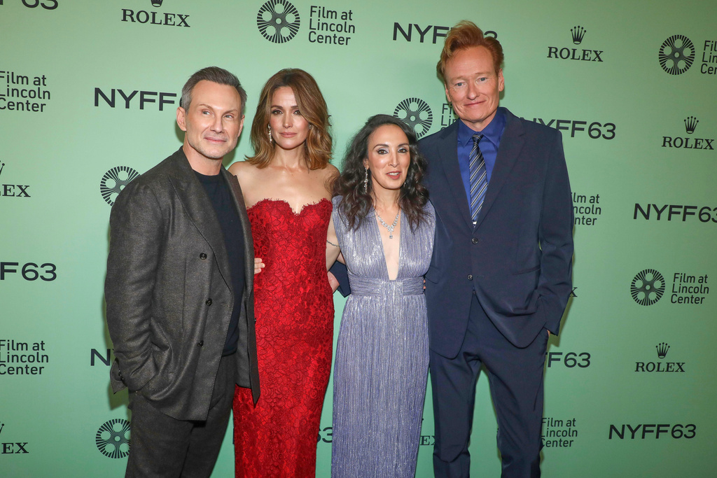 FILE - Christian Slater, from left, Rose Byrne, Mary Bronstein and Conan O'Brien attend the premiere for "If I Had Legs I'd Kick You" during the 63rd New York Film Festival on Oct. 2, 2025, in New York. (Photo by Andy Kropa/Invision/AP, File)