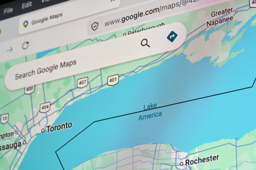 In the photo of a computer screen, a Google map showing Lake Ontario renamed as Lake America is seen Sunday, Aug. 30, 2026, in St. Louis. (AP Photo/Jeff Roberson)
