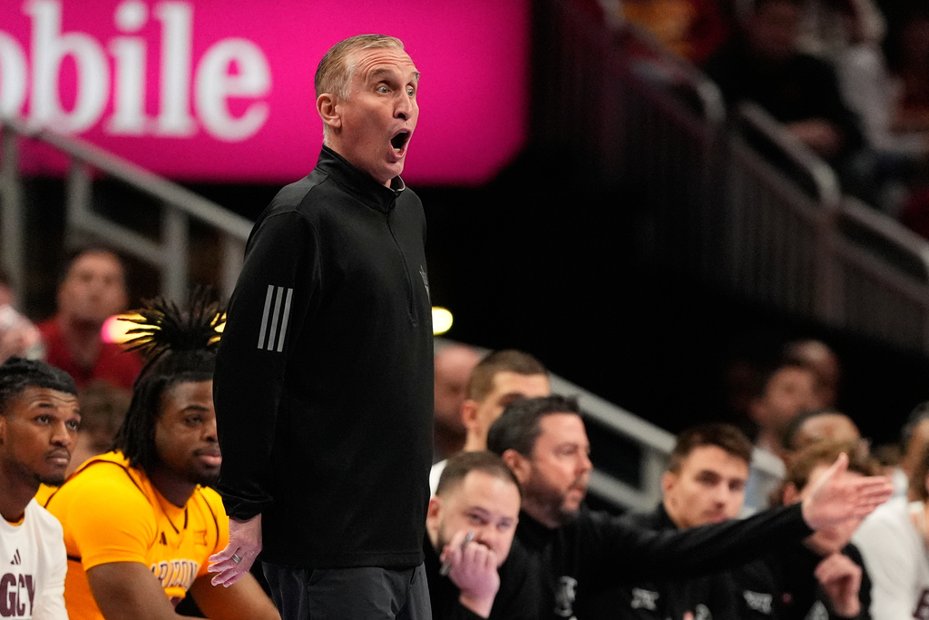 Arizona State head coach Bobby Hurley is seen on the sidelines during the first half of an NCAA college basketball game against Iowa State in the second round of the Big 12 Conference tournament Wednesday, March 11, 2026, in Kansas City, Mo. (AP Photo/Charlie Riedel)