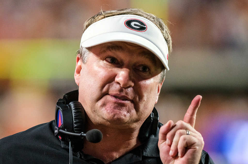 FILE - Georgia head coach Kirby Smart argues with an official during the second half of an NCAA college football game in Austin, Texas, Saturday, Oct. 19, 2024. (AP Photo/Rodolfo Gonzalez, File)