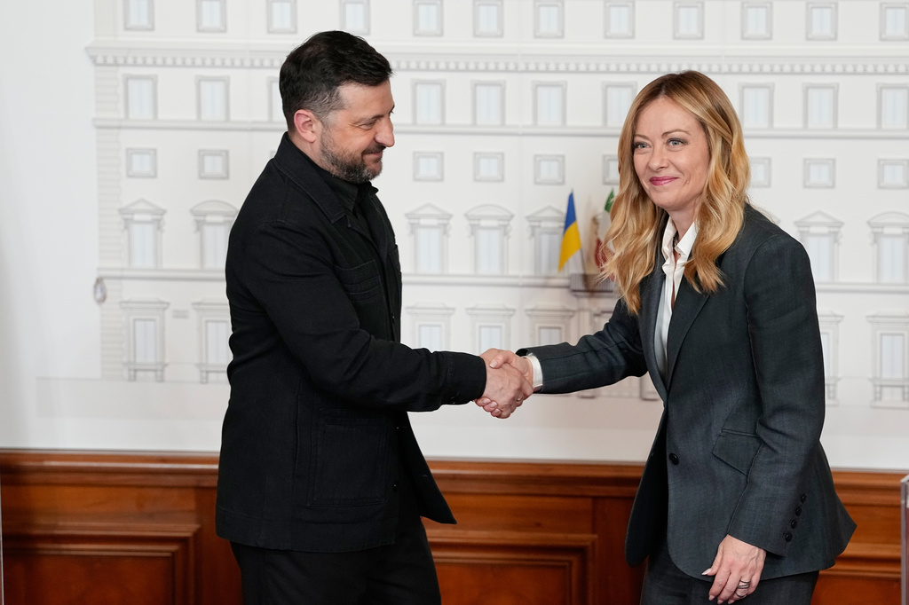 Italy's Premier Giorgia Meloni, right, meets with Ukraine's President Volodymyr Zelenskyy at Chigi government's offices in Rome, Wednesday, April 15, 2026. (AP Photo/Alessandra Tarantino)