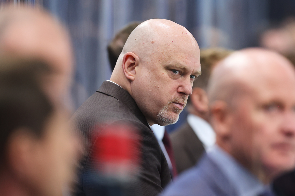 FILE - Utah Mammoth head coach Andr&eacute; Tourigny watches the game from the bench during the second period of an NHL hockey game against the Winnipeg Jets, April 14, 2026, in Salt Lake City. (AP Photo/Melissa Majchrzak, File)