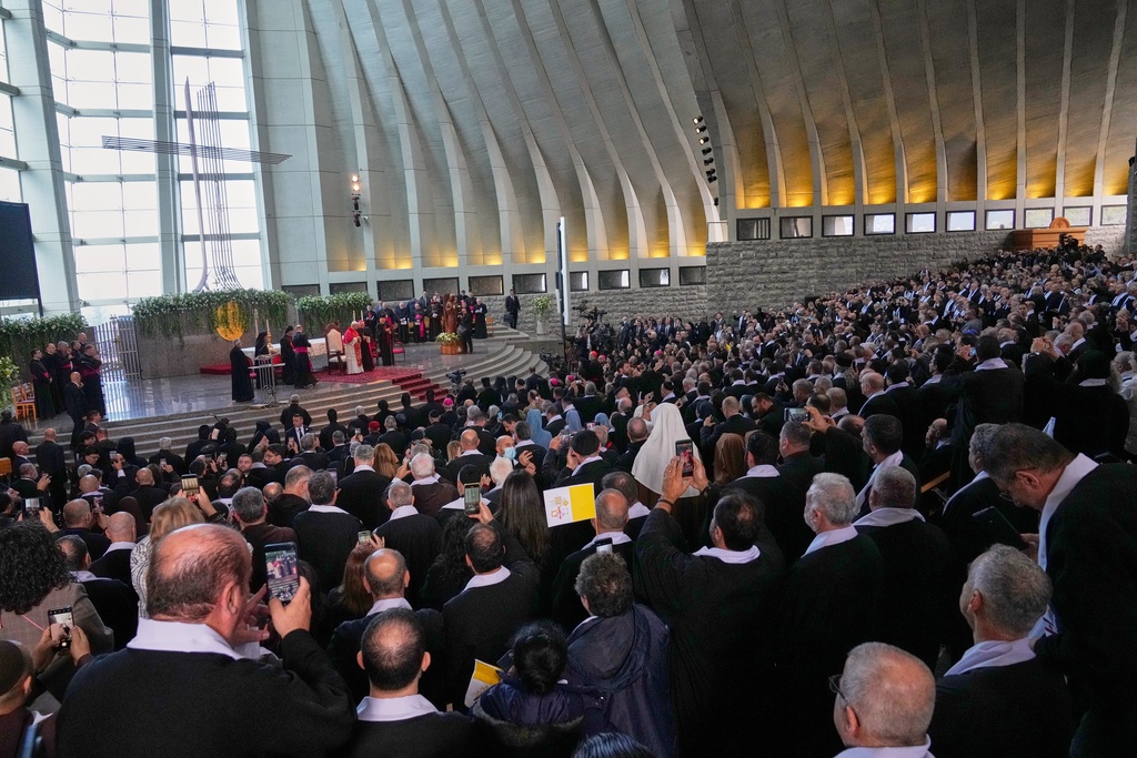Bishops, priests, consecrated persons and pastoral workers gather to meet Pope Leo XIV at the Catholic basilica of Harissa, Lebanon Monday, Dec. 1, 2025. (AP Photo/Hussein Malla)