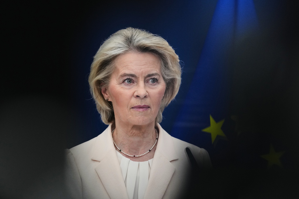 European Commission President Ursula von der Leyen speaks during a media conference at EU headquarters in Brussels, Belgium, Monday, March 2, 2026. (AP Photo/Virginia Mayo)