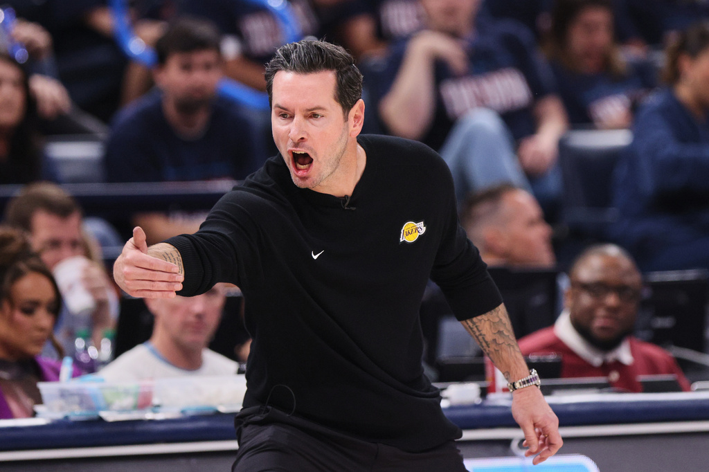 Los Angeles Lakers head coach JJ Redick reacts to play against the Oklahoma City Thunder in the second half of Game 2 in a second-round NBA basketball playoffs series Thursday, May 7, 2026, in Oklahoma City. (AP Photo/Nate Billings)