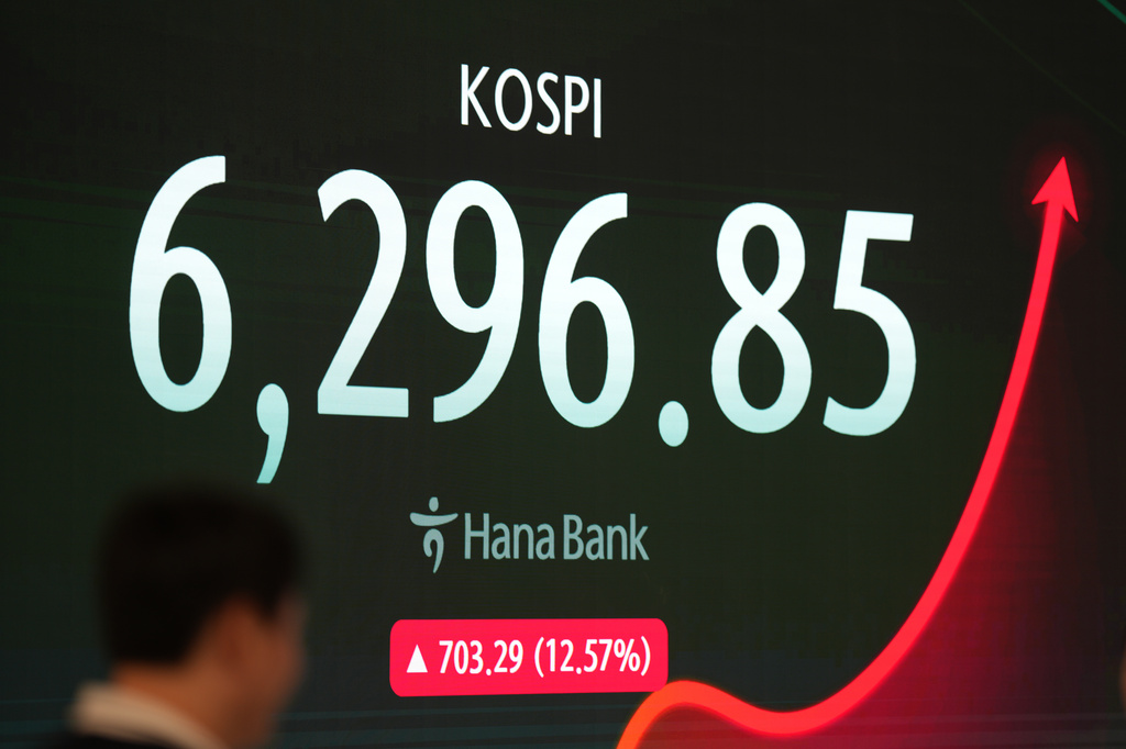 A dealer walks past near the screen showing the Korea Composite Stock Price Index (KOSPI) at a dealing room of Hana Bank in Seoul, South Korea, Friday, July 31, 2026. (AP Photo/Lee Jin-man)