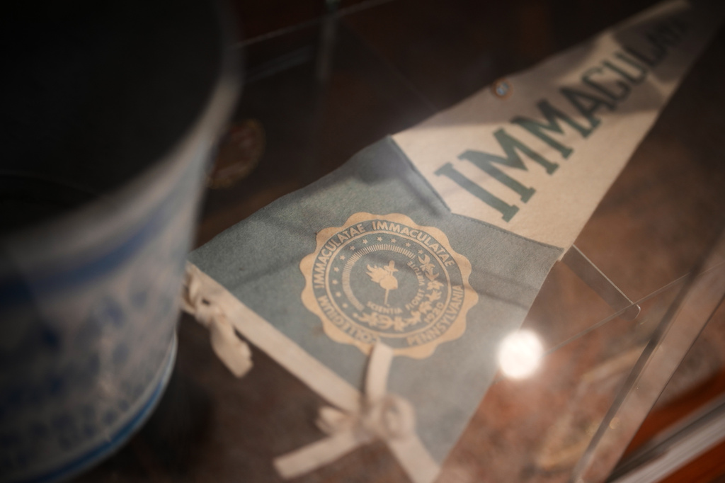 Memorabilia from Immaculata University's national championships are seen before an NCAA college basketball game against Marymount, Wednesday, Jan. 21, 2026, in Immaculata, Pa. (AP Photo/Matt Slocum)