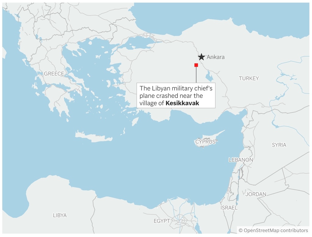 A map showing where the Libyan military chief's plane crashed in Turkey. (AP Digital Embed)