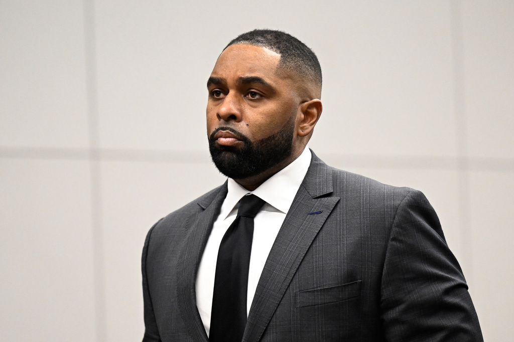 Former Michigan football coach Sherrone Moore appears in the courtroom, Thursday, Jan. 22, 2026, in Ann Arbor, Mich. (AP Photo/Jose Juarez)