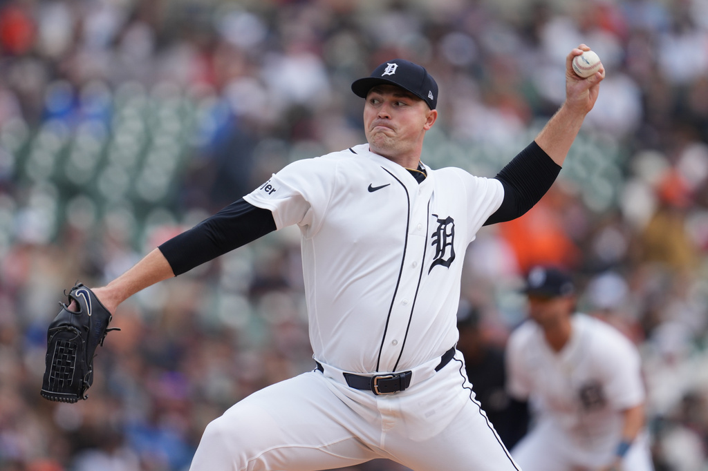 Detroit Tigers pitcher Tarik Skubal throws against the Miami Marlins during the first inning of a baseball game Sunday, April 12, 2026, in Detroit. (AP Photo/Paul Sancya)