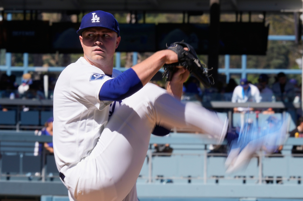 Los Angeles Dodgers starting pitcher Tarik Skubal works against an Atlanta Braves batter during the first inning of Game 1 of a National League Division Series baseball game Saturday, Oct. 3, 2026, in Los Angeles. (AP Photo/Mark J. Terrill)