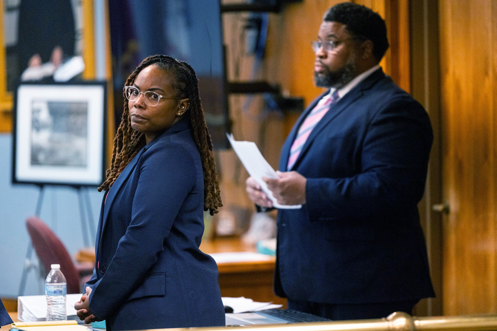 Ebony Parker looks on during jury selection for her trial on felony child neglect charges at the Newport News Circuit Court in Newport News, Va., Monday, May 18, 2026. (Peter Casey/The Virginian-Pilot via AP, Pool)