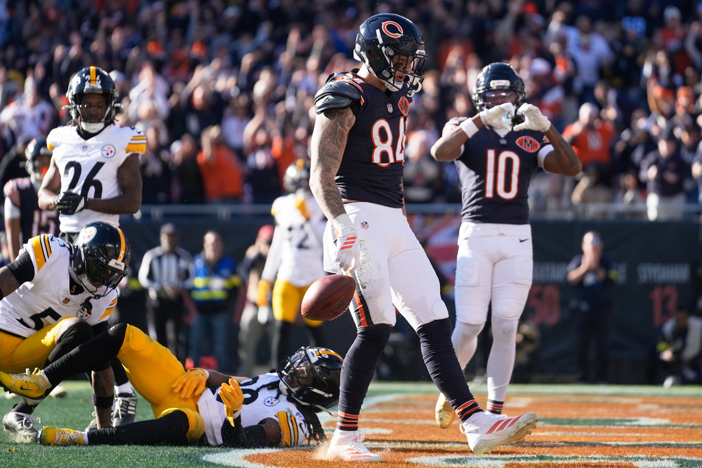 Chicago Bears tight end Colston Loveland (84) celebrates his touchdown with Luther Burden III (10) during the first half of an NFL football game against the Pittsburgh Steelers, Sunday, Nov. 23, 2025, in Chicago. (AP Photo/Erin Hooley)