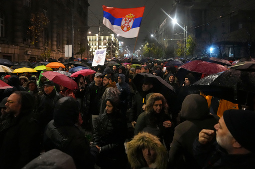 FILE - People march during a protest following collapse of a concrete canopy at the railway station in Novi Sad, in Belgrade, Serbia, Nov. 11, 2024. (AP Photo/Darko Vojinovic, File) FILE - People march during a protest following collapse of a concrete canopy at the railway station in Novi Sad, in Belgrade, Serbia, Nov. 11, 2024. (AP Photo/Darko Vojinovic, File)
