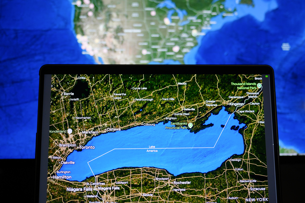 In this photo of a computer screen, a Google Maps view showing Lake Ontario labeled as Lake America is displayed in La Habra, Calif., Monday, Aug. 31, 2026. (AP Photo/Jae C. Hong)