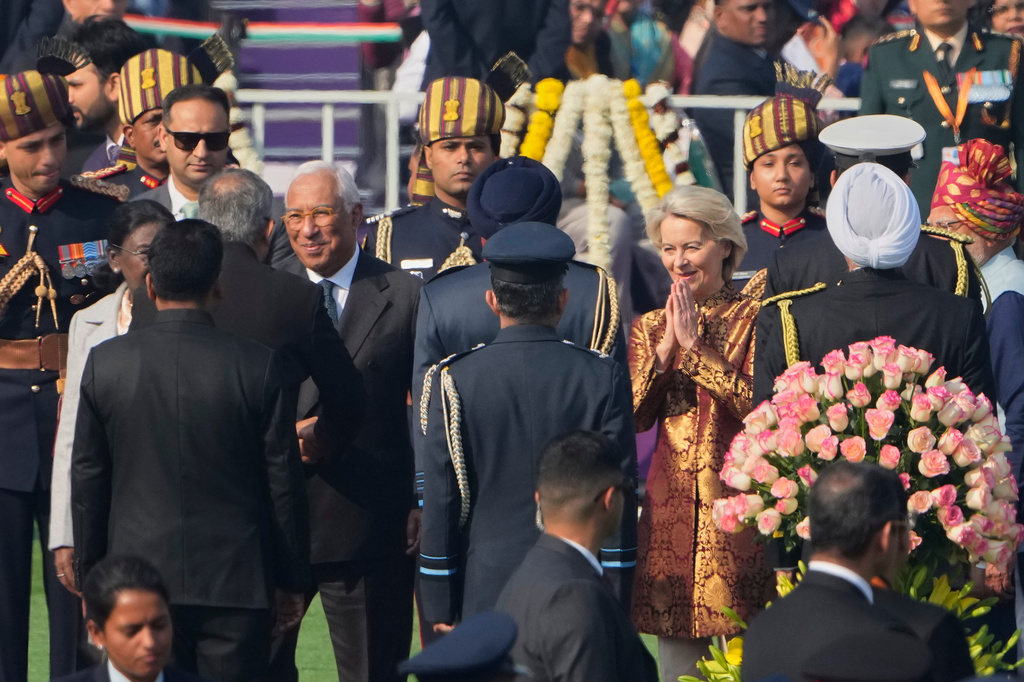European Council President Antonio Costa, center left, and European Commission President Ursula von der Leyen greet officials upon their arrival at the Republic Day parade in New Delhi, India, Monday, Jan. 26, 2026. (AP Photo/Manish Swarup)