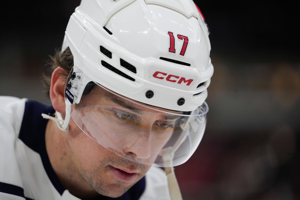 Washington Capitals center Dylan Strome warms up before an NHL hockey game against the Chicago Blackhawks, Friday, Jan. 9, 2026, in Chicago. (AP Photo/Erin Hooley)