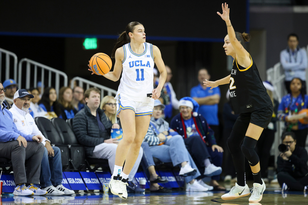 UCLA guard Gabriela Jaquez (11) dribbles against Long Beach State forward Judit Oliva Fernandez, right, during the first half of an NCAA college basketball game, Saturday, Dec. 20, 2025, in Los Angeles. (AP Photo/Jessie Alcheh)