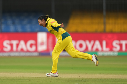 Australia's Alana King celebrates the wicket of South Africa's Nadine de Klerk during the ICC Women's Cricket World Cup match between Australia and South Africa in Indore, India, Saturday, Oct. 25, 2025. (AP Photo/Ajit Solanki) Australia's Alana King celebrates the wicket of South Africa's Nadine de Klerk during the ICC Women's Cricket World Cup match between Australia and South Africa in Indore, India, Saturday, Oct. 25, 2025. (AP Photo/Ajit Solanki)