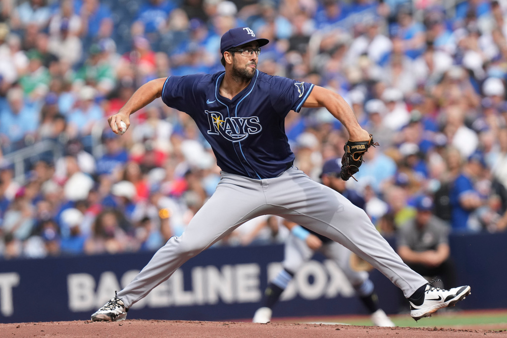 Tampa Bay Rays pitcher Joe Boyle (36) works against Toronto Blue Jays during the first inning of a baseball game in Toronto, Saturday, Sept. 27, 2025. (Chris Young/The Canadian Press via AP)