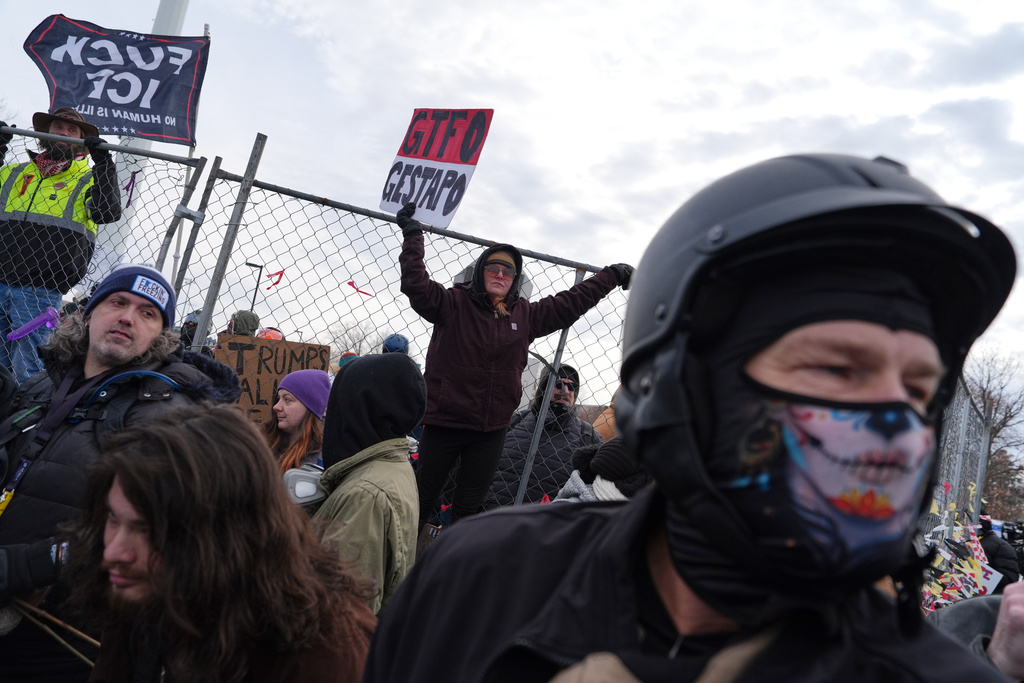 Counterprotesters demonstrate against Jake Lang on Saturday, Feb. 7, 2026, in Minneapolis. (AP Photo/Ryan Murphy)