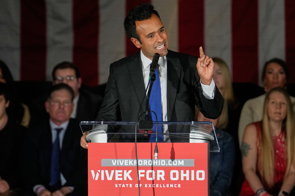 Vivek Ramaswamy, a Republican candidate for governor of Ohio, speaks at a rally Wednesday, Jan. 7, 2026, in Cleveland. (AP Photo/Sue Ogrocki)