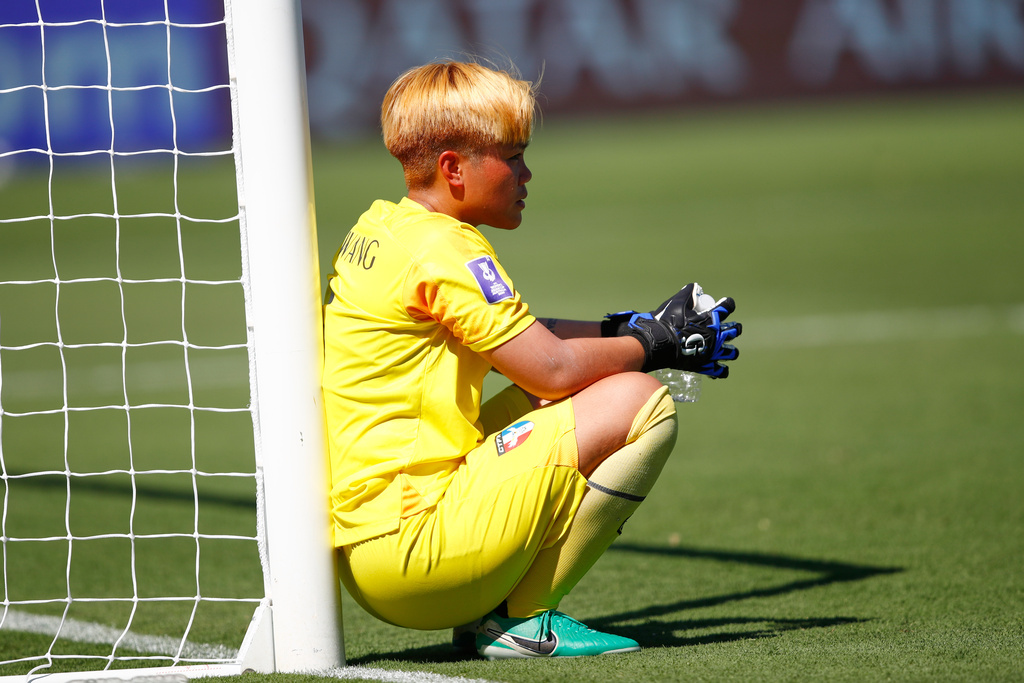 Taiwan's goalkeeper Wang Yu-ting reacts during the Women's Asia Cup soccer match between Japan and Taiwan in Perth, Wednesday, March 4, 2026. (AP Photo/GaryDay)