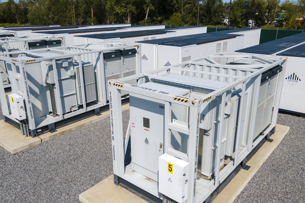A large lithium battery energy storage system operated by Key Capture Energy that can power 15,000 homes for two hours during outages or high demand is shown in Blasdell, N.Y., Tuesday, Sept. 9, 2025. (AP Photo/Ted Shaffrey)