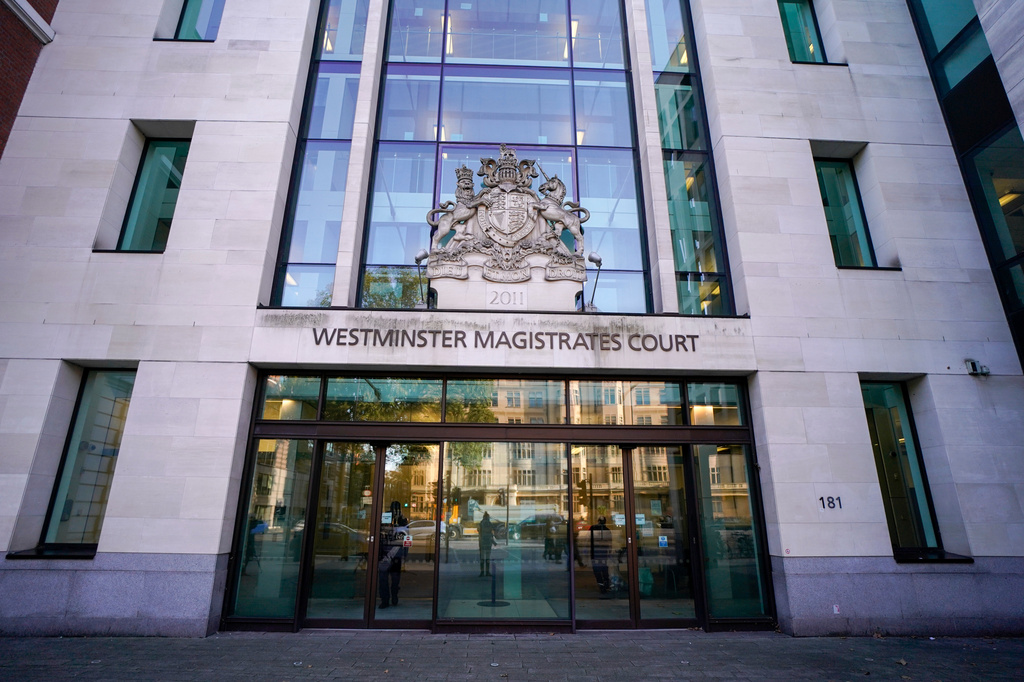 FILE - The outside of Westminster Magistrates Court in London, Oct. 21, 2021. (AP Photo/Alberto Pezzali, File)
