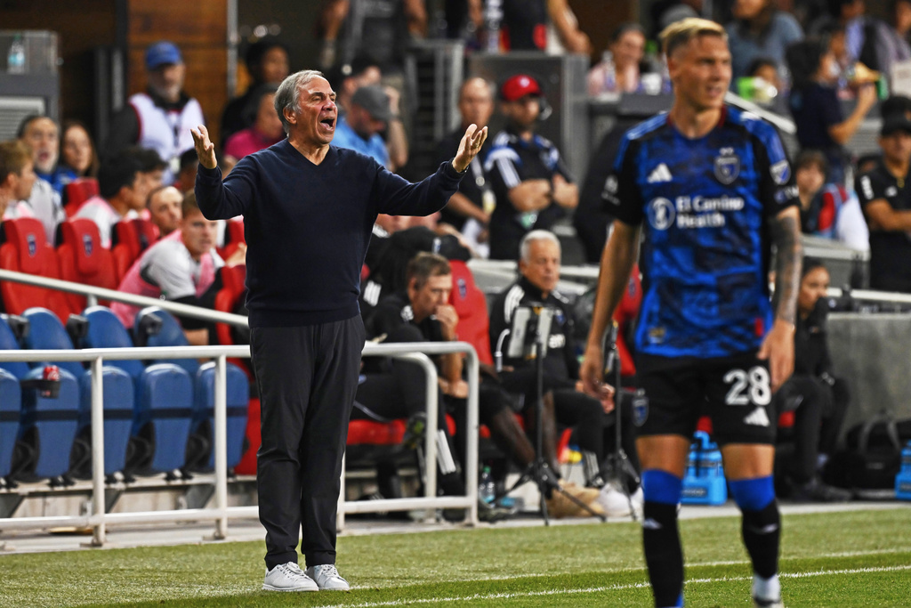 San Jose Earthquakes head coach Bruce Arena reacts to a call while playing the Austin FC during the first half of their decision match play at PayPal Park in San Jose, Calif., on Saturday, Oct. 18, 2025. (Jose Carlos Fajardo/Bay Area News Group via AP)