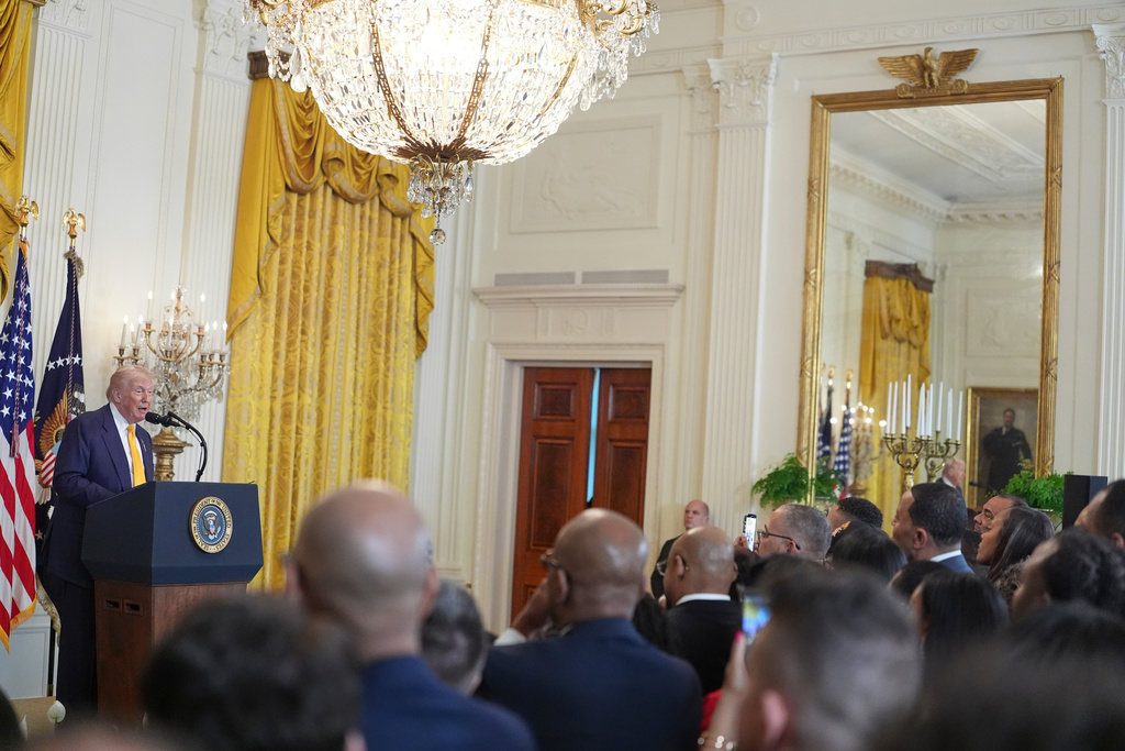 President Donald Trump speaks during a Black History Month event in the East Room of the White House, Wednesday, Feb. 18, 2026, in Washington. (AP Photo/Evan Vucci)