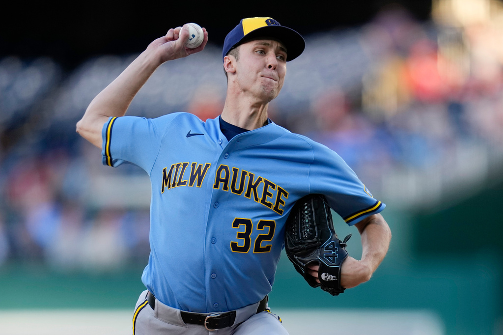 Milwaukee Brewers starting pitcher Jacob Misiorowski throws to the Washington Nationals during the first inning of a baseball game, Friday, May 1, 2026, in Washington. (AP Photo/Jess Rapfogel)