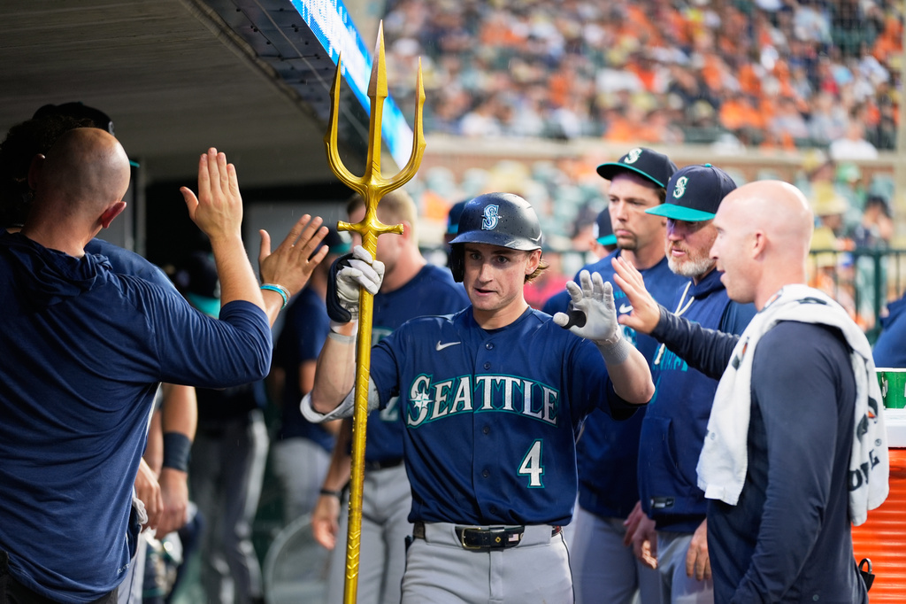 Seattle Mariners' Colt Emerson celebrates his home run against the Detroit Tigers during the seventh inning of a baseball game Friday, June 5, 2026, in Detroit. (AP Photo/Paul Sancya)