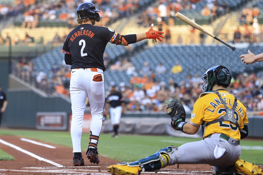 Baltimore Orioles' Gunnar Henderson tosses his bat after drawing a walk during the first inning of a baseball game against the Athletics, Friday, Aug. 8, 2025, in Baltimore. (AP Photo/Alyssa Howell)
