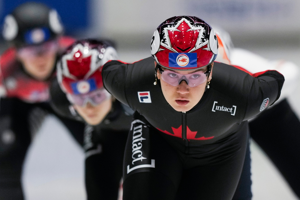 FILE - Canada's Courtney Sarault competes in the women's 1500 meters quarter final of the World Championships Short Track at Ahoy Arena in Rotterdam, Netherlands, Friday, March 15, 2024. (AP Photo/Peter Dejong, File)