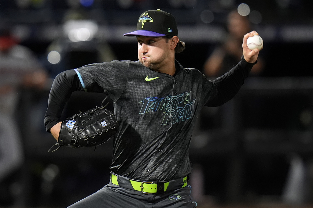 Tampa Bay Rays' Ian Seymour pitches to the Cleveland Guardians during the second inning of a baseball game Friday, Sept. 5, 2025, in Tampa, Fla. (AP Photo/Chris O'Meara)