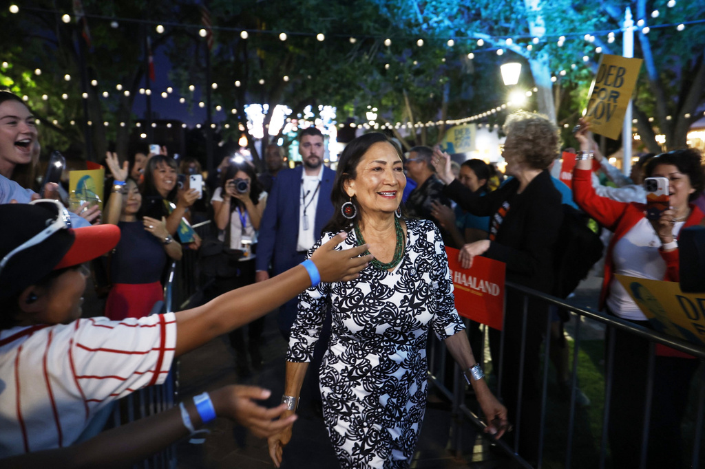 Democratic gubernatorial candidate Deb Haaland walks before speaking at a primary election night watch party after winning the Democratic nomination Tuesday, June 2, 2026, in Albuquerque, New Mexico. (AP Photo/Jon Austria)
