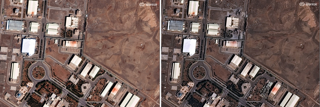In this combo from satellite images provided by Vantor shows is a view of Natanz nuclear facility on March 1, 2026, left, and with damage on March 2, 2026 in Iran. (Satellite image ©2026 Vantor via AP)