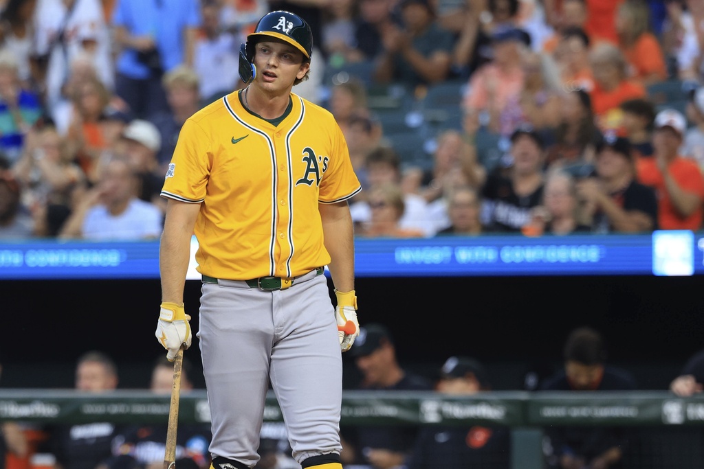Athletics' Nick Kurtz is called out on strikes during the third inning of a baseball game against the Baltimore Orioles, Friday, Aug. 8, 2025, in Baltimore. (AP Photo/Alyssa Howell)