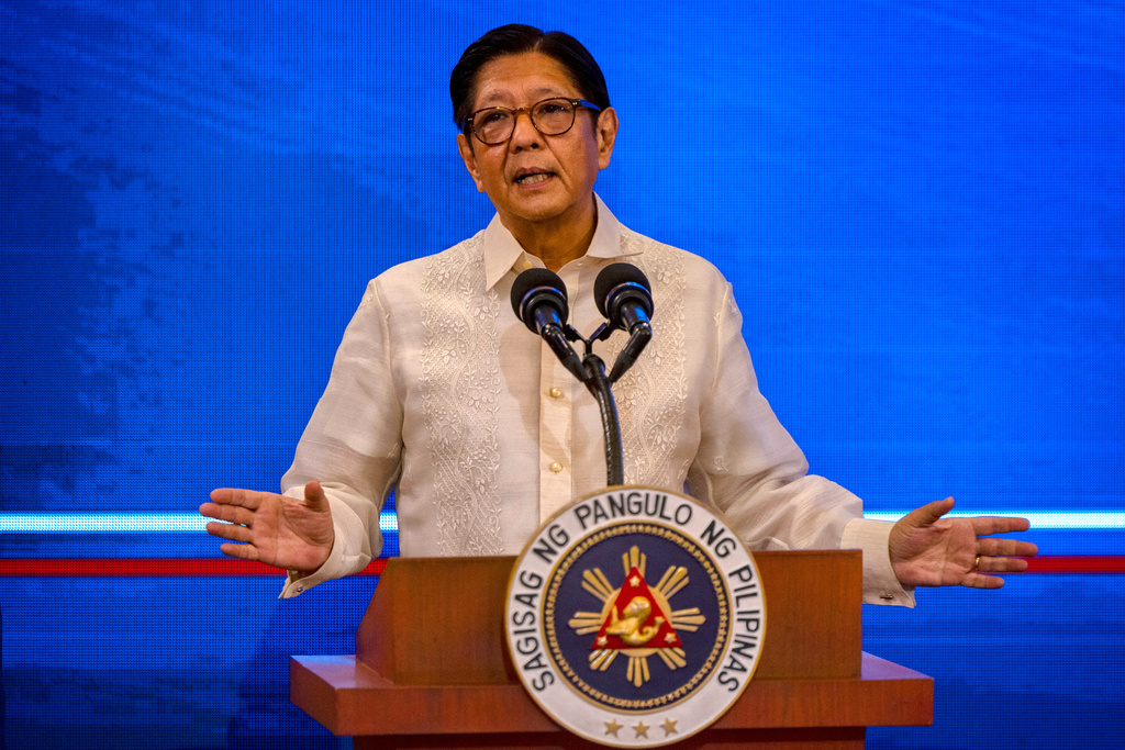 Philippine President Ferdinand Marcos Jr. speaks during a press conference at Malacanang Palace Wednesday, March 25, 2026 in Manila, Philippines. (Ezra Acayan/Pool Photo via AP)