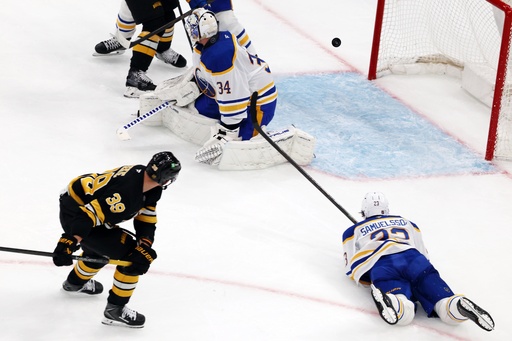Boston Bruins' Morgan Geekie (39) scores against Buffalo Sabres' Alex Lyon (34) during the first period of an NHL hockey game, Thursday, Oct. 30, 2025, in Boston. (AP Photo/Michael Dwyer) Boston Bruins' Morgan Geekie (39) scores against Buffalo Sabres' Alex Lyon (34) during the first period of an NHL hockey game, Thursday, Oct. 30, 2025, in Boston. (AP Photo/Michael Dwyer)