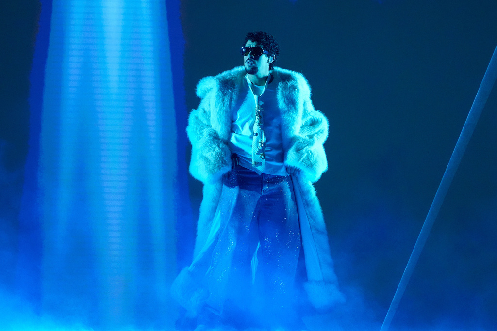 Bad Bunny performs during the iHeartRadio Music Awards at the Dolby Theatre in Los Angeles, March 17, 2025. (AP Photo/Chris Pizzello, File)