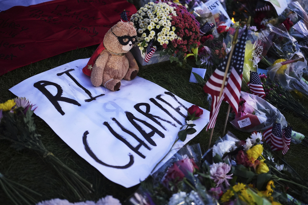 A memorial for Turning Point USA CEO and co-founder Charlie Kirk is seen at Utah Valley University, Saturday, Sept. 13, 2025, in Orem, Utah. (AP Photo/Lindsey Wasson)