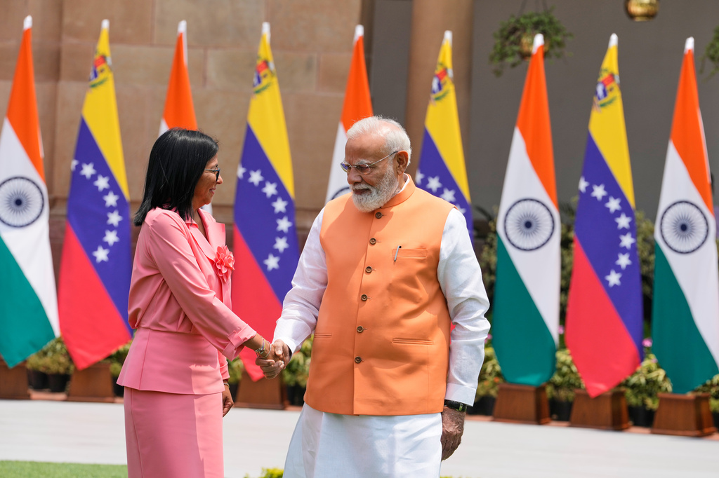 Indian Prime Minister Narendra Modi, right, welcomes Venezuela's acting President Delcy Rodriguez as she arrives for a meeting in New Delhi, India, Thursday, June 4, 2026. (AP Photo/Manish Swarup)