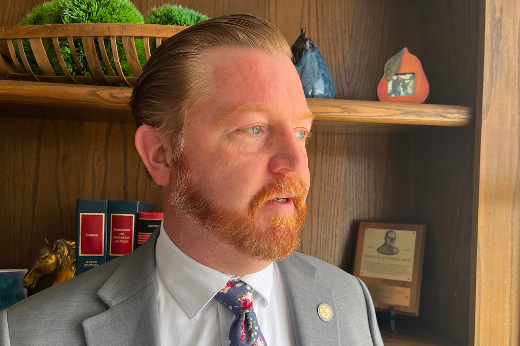 State Sen. John Cavanaugh speaks at an office in Lincoln, Neb., Friday, April 10, 2026. (AP Photo/Margery A. Beck)