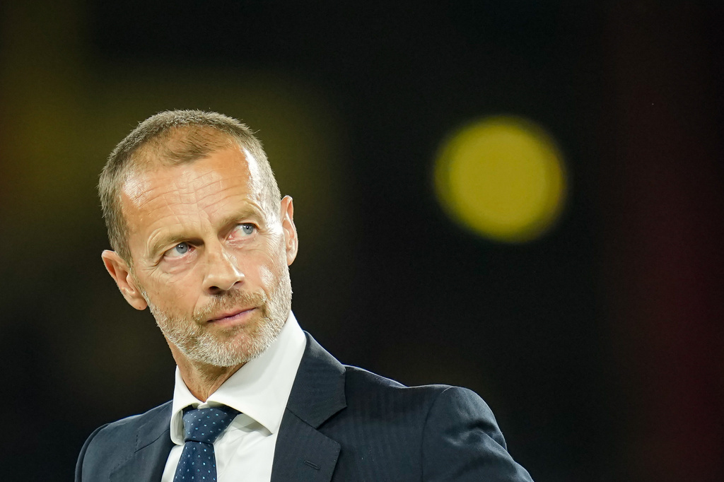 UEFA President Aleksander Ceferin looks on during the trophy ceremony at the end of the UEFA Super Cup soccer match between Paris Saint-Germain and Aston Villa in Salzburg, Austria, Wednesday, Aug.12, 2026. (AP Photo/Darko Bandic)