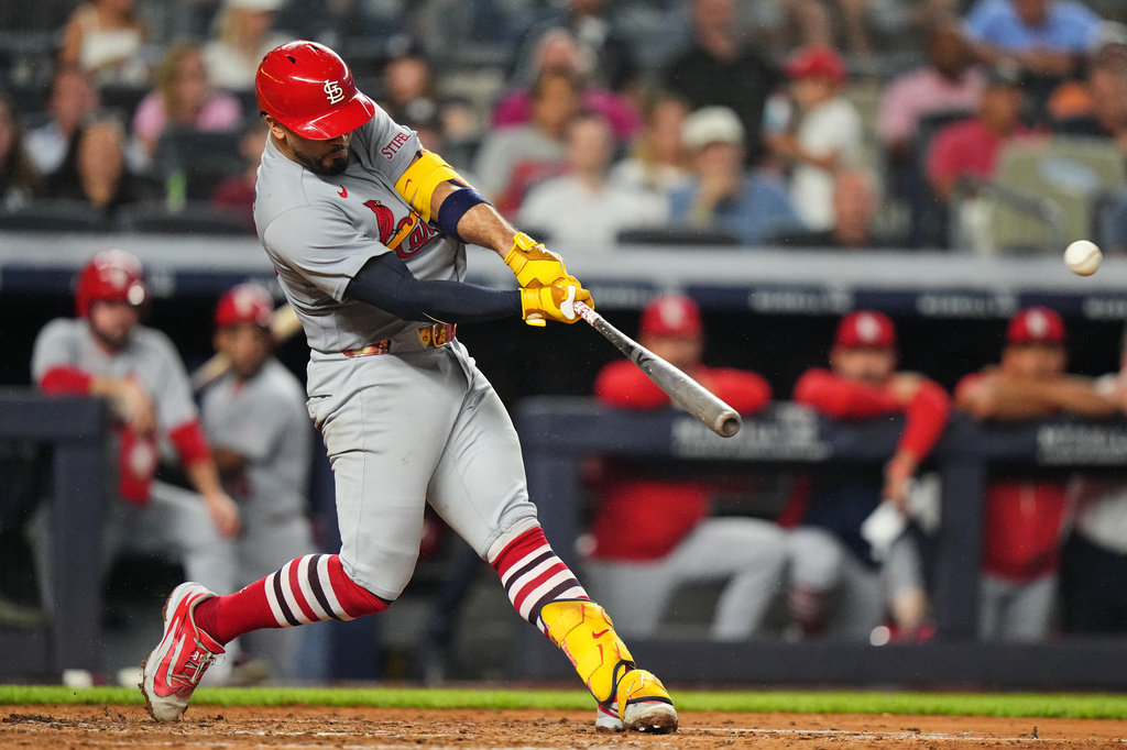 St. Louis Cardinals' Iván Herrera hits a ground-rule double to drive in a run during the fifth inning of a baseball game against the New York Yankees Wednesday, Aug. 5, 2026, in New York. (AP Photo/Frank Franklin II)