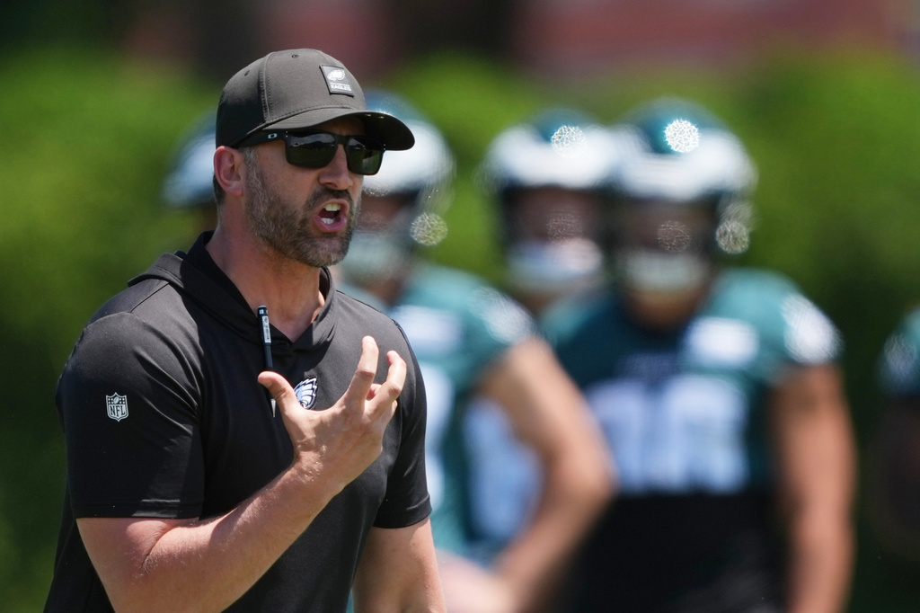 FILE - Philadelphia Eagles head coach Nick Sirianni speaks during practice at the NFL football team's training facility, June 9, 2026, in Philadelphia. (AP Photo/Matt Rourke, File)