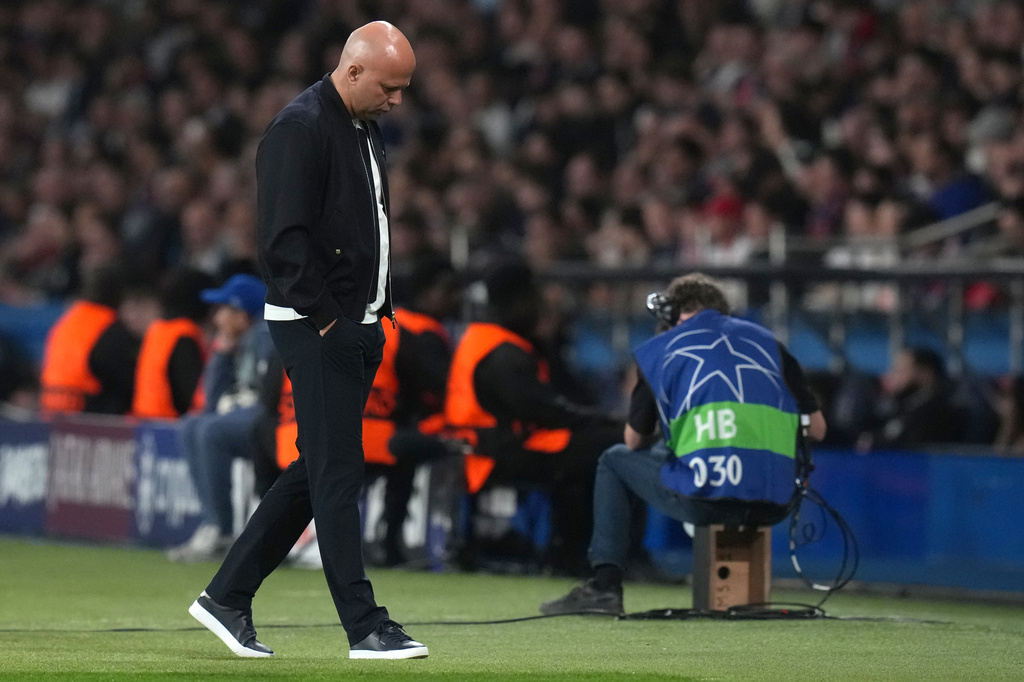 Liverpool's manager Arne Slot reacts during the Champions League quarterfinal first leg soccer match between Paris Saint-Germain and Liverpool in Paris, Wednesday, April 8, 2026. (AP Photo/Thibault Camus)